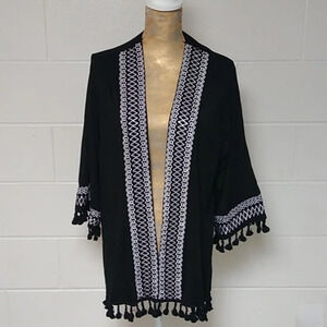 BOHO,  COVER-UP, WOVEN KNIT, OPEN FRONT, CARDIGAN WITH TASSELS & EMBROIDERY